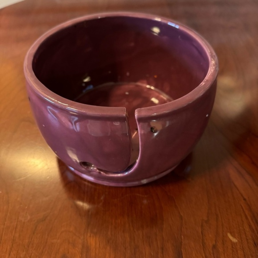 Handmade Ceramic Pottery Yarn Bowl Knitting Crochet. Purple w speckles